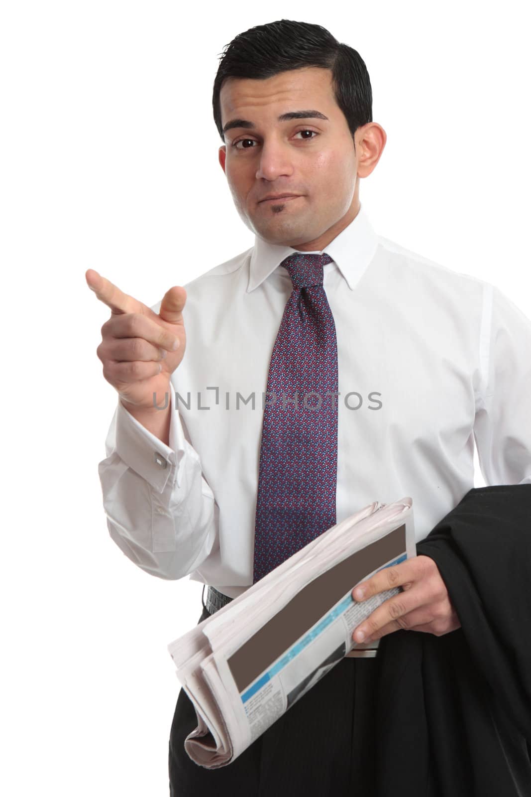 A businessman pointing his finger.  White background.