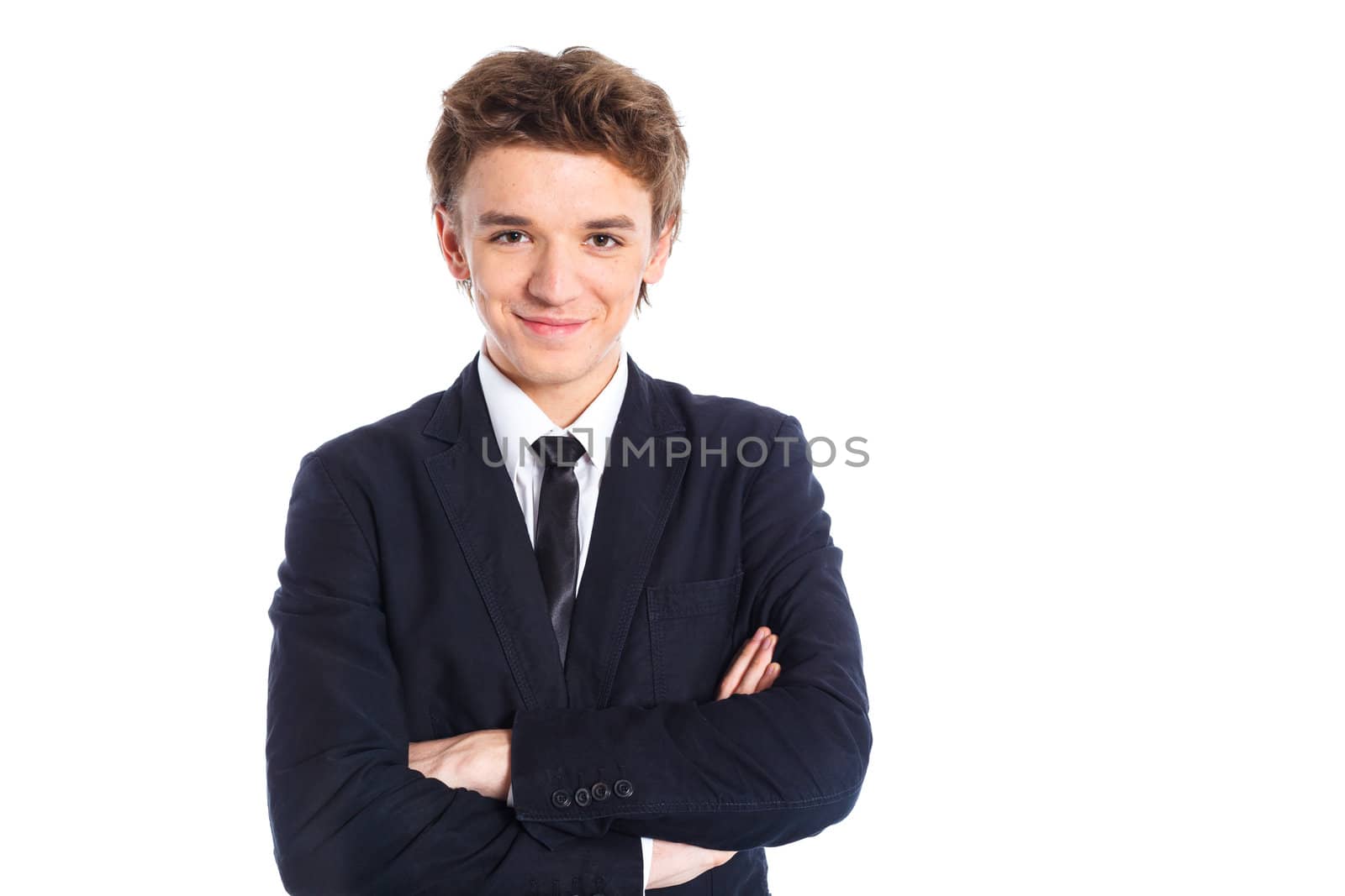 Portrait of a teenage boy in a business suit. Isolated on white background.