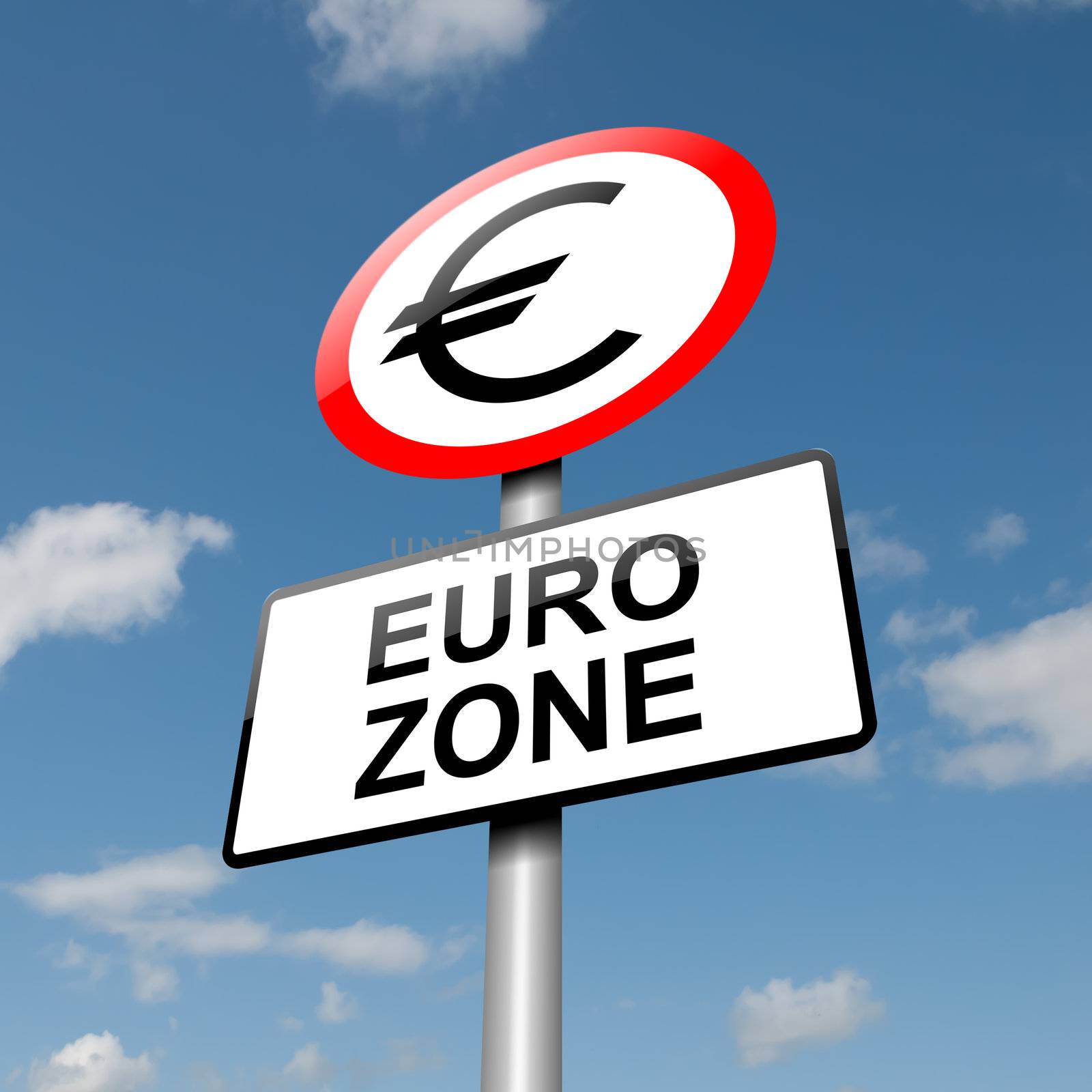Illustration depicting a road traffic sign with a euro zone concept. Blue sky background.