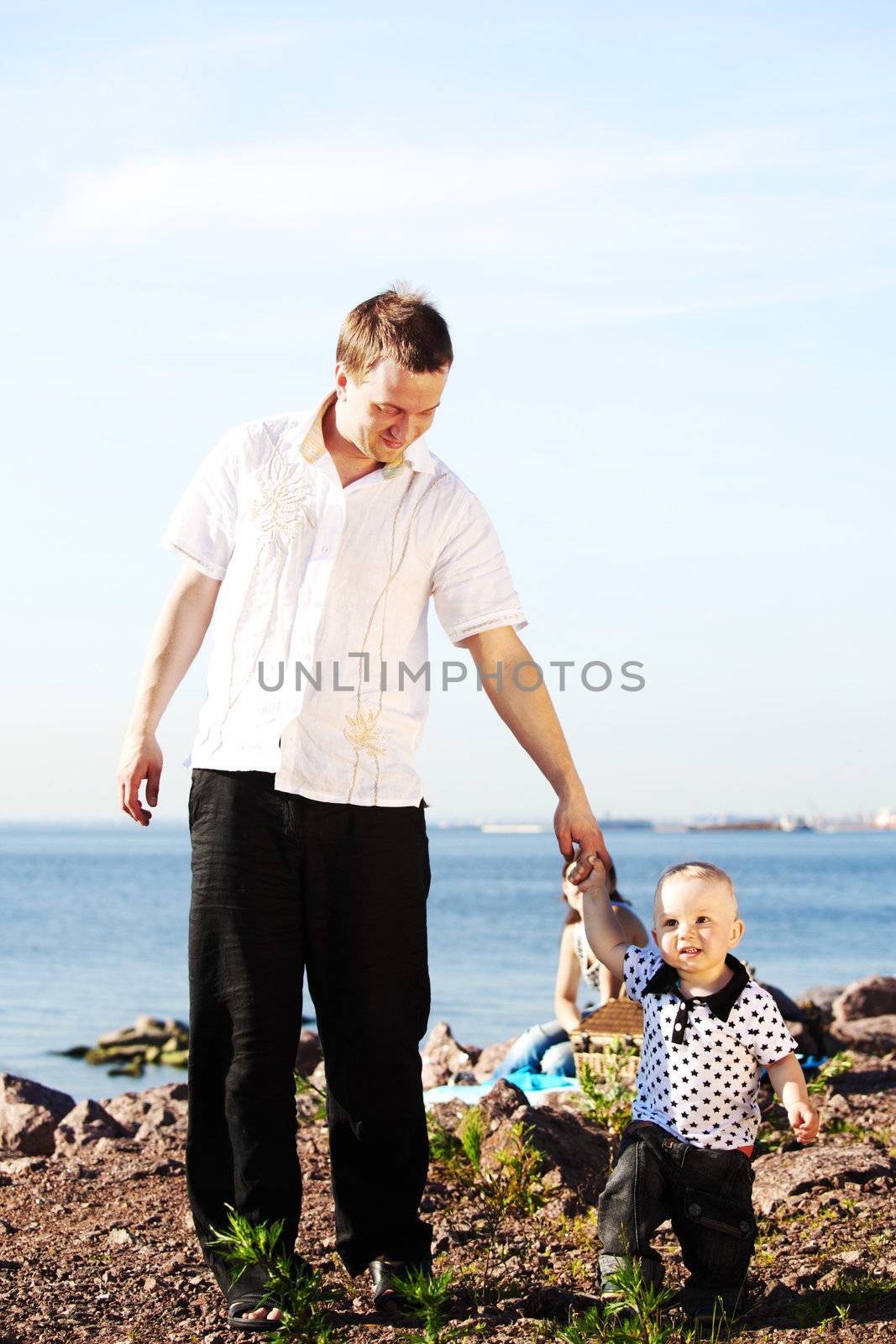 father and son walking around