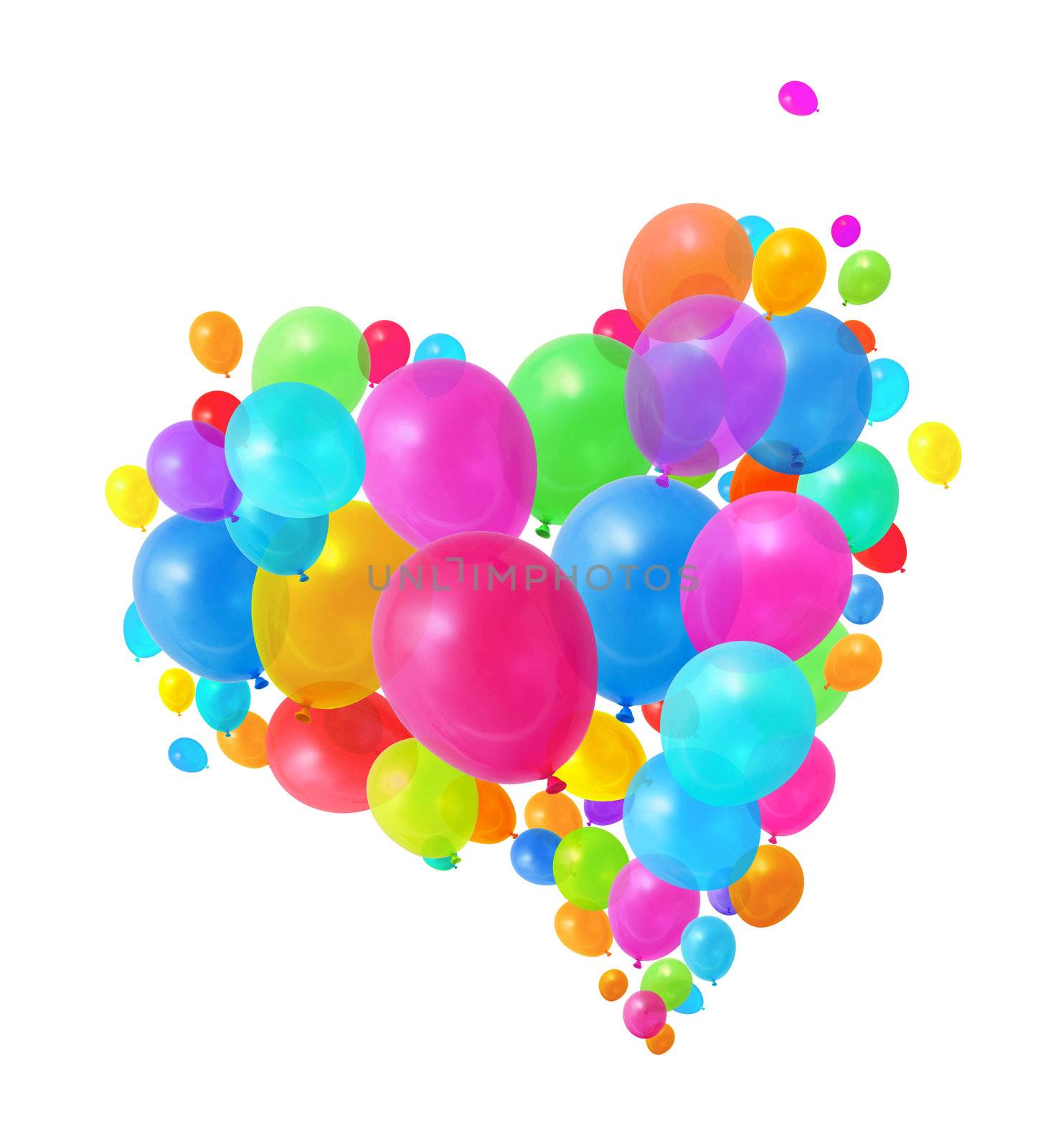 Colorful  balloons flying heart shape formation white background