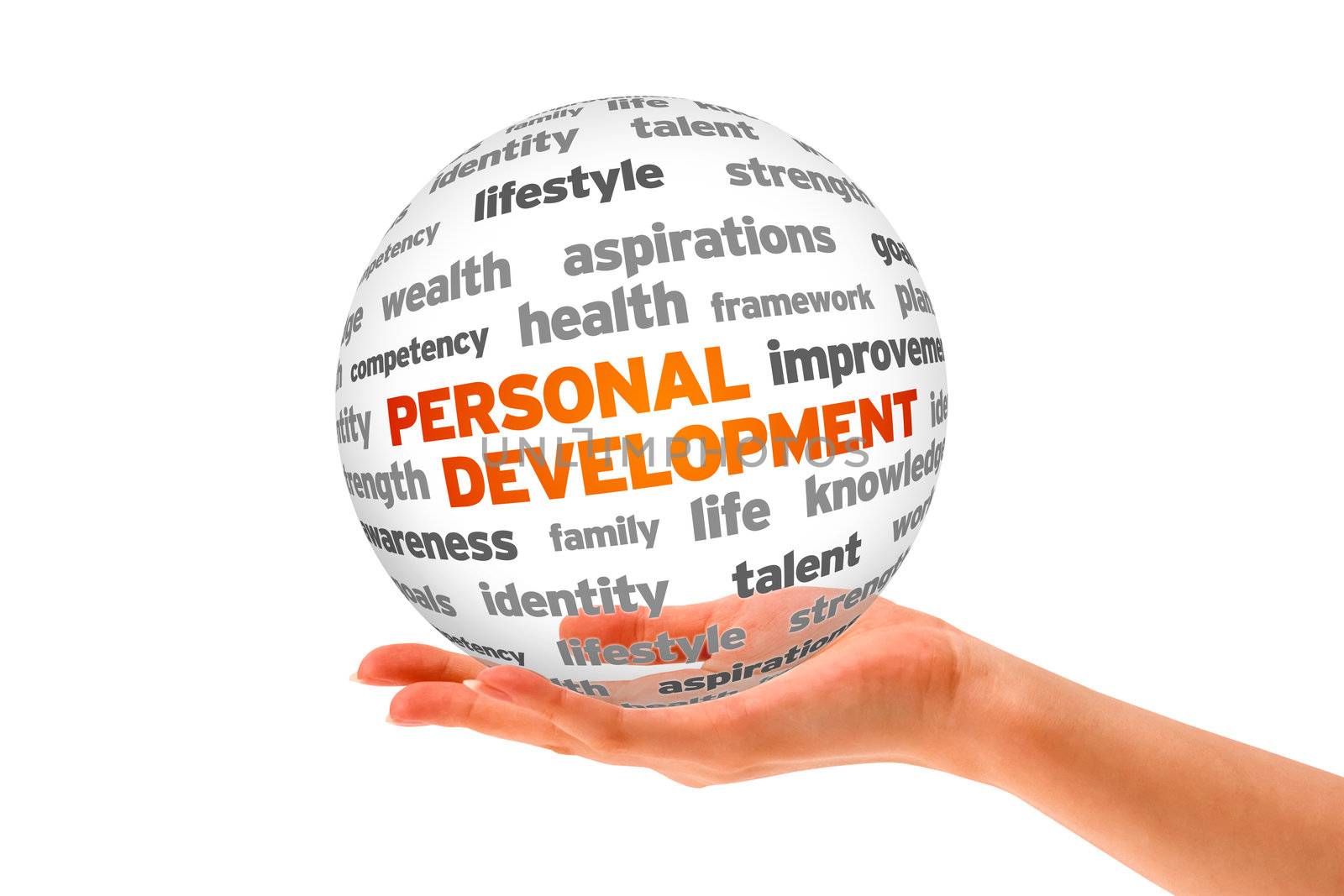 Hand holding a 3d Personal Development Sphere on white background. 