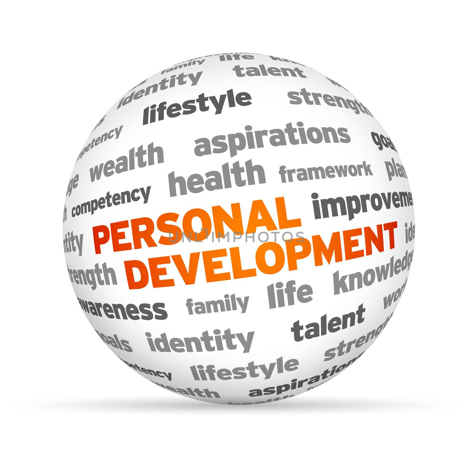 3d Personal Development Word Sphere on white background.