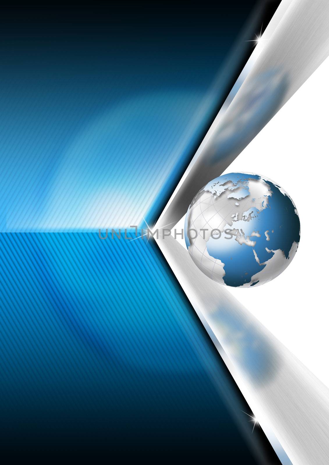 Blue and metal business background with globe and reflections
