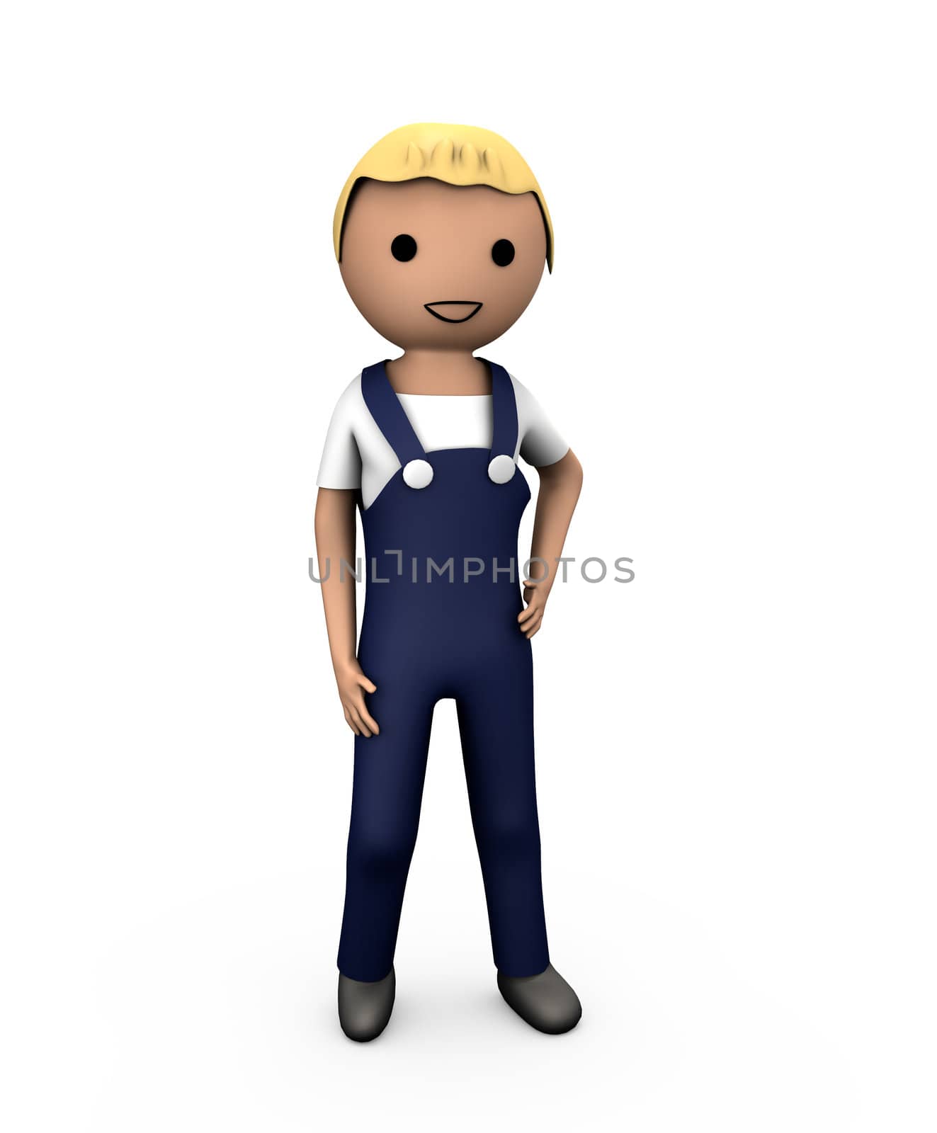3D Blue Collar Workman in Overalls on White