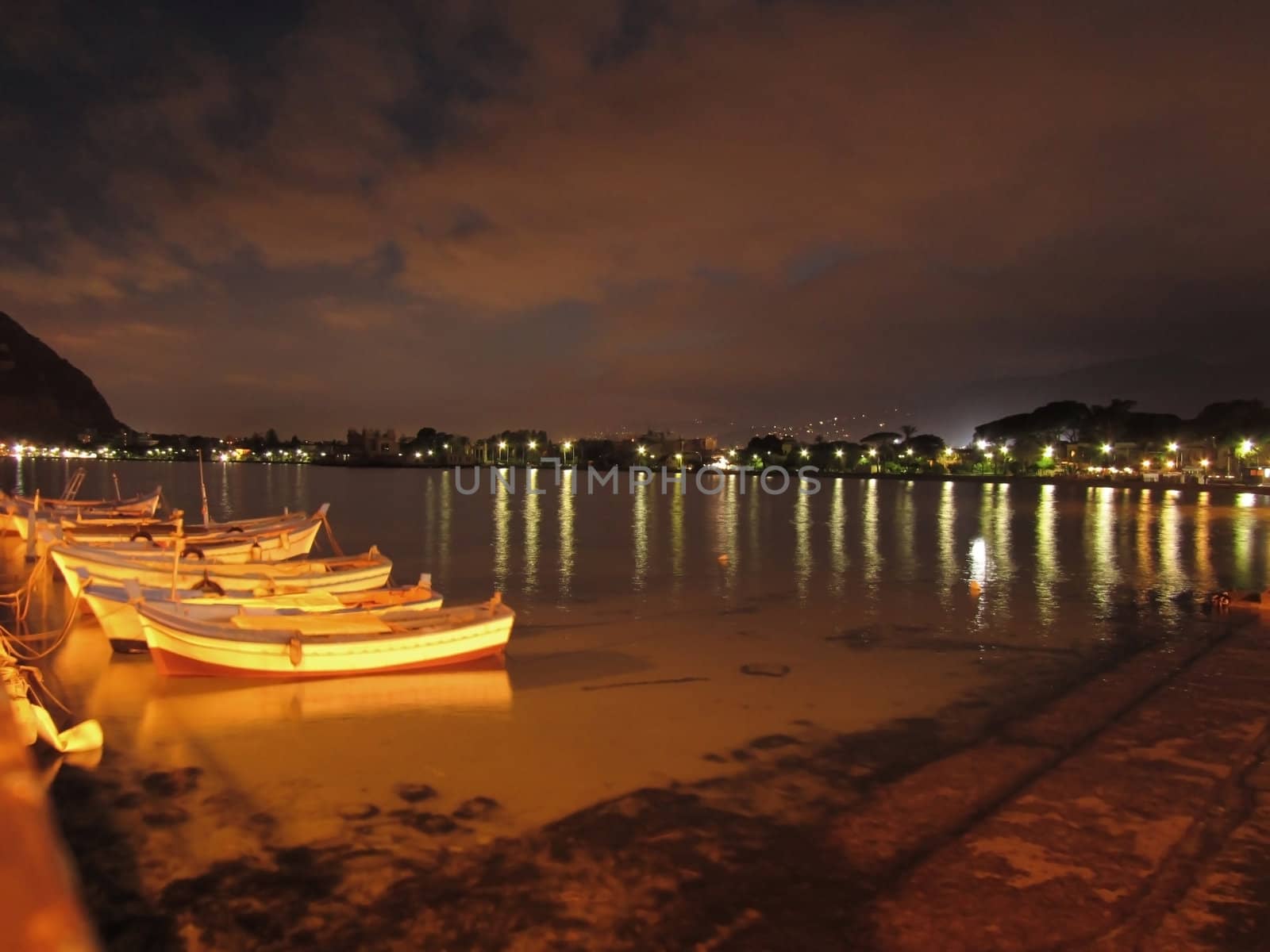 Night coast with boats