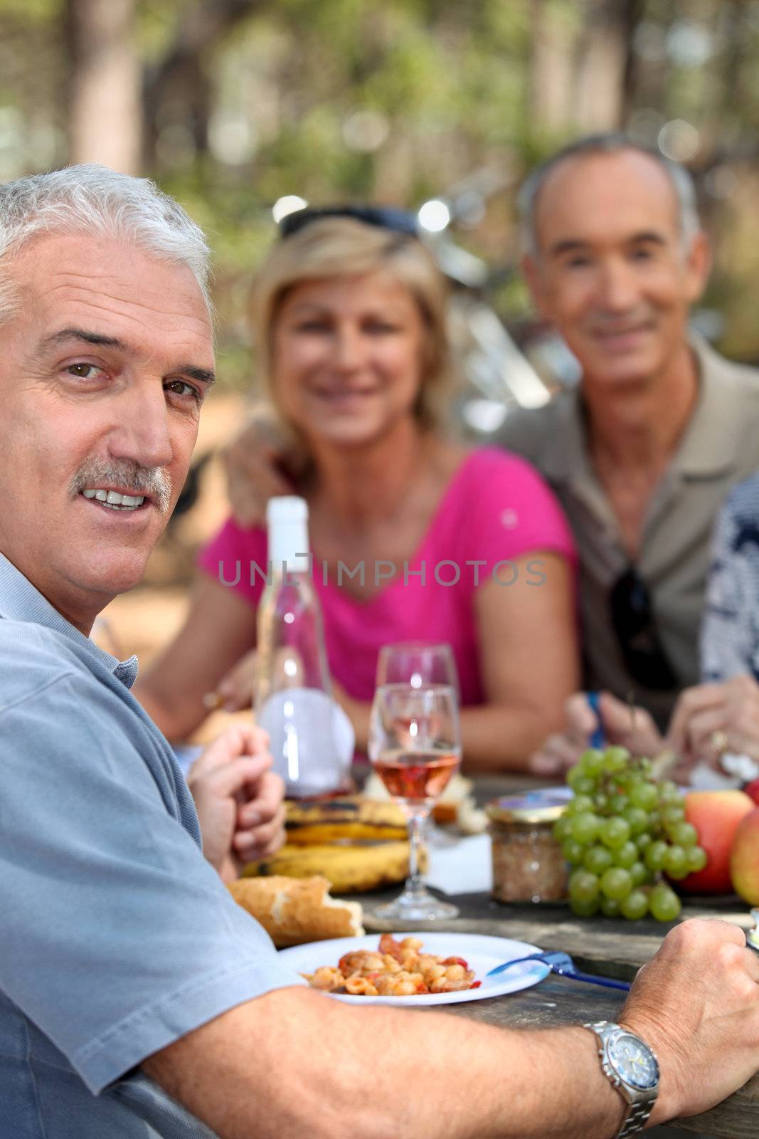 three seniors having lunch in the country