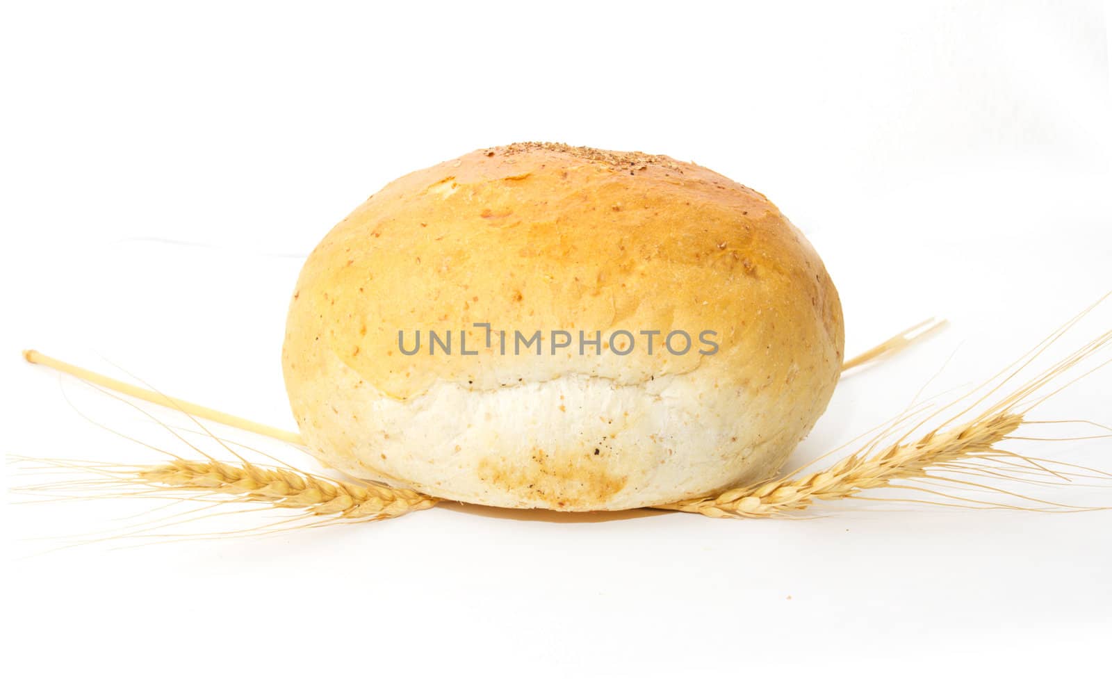 bread and wheat on a white background