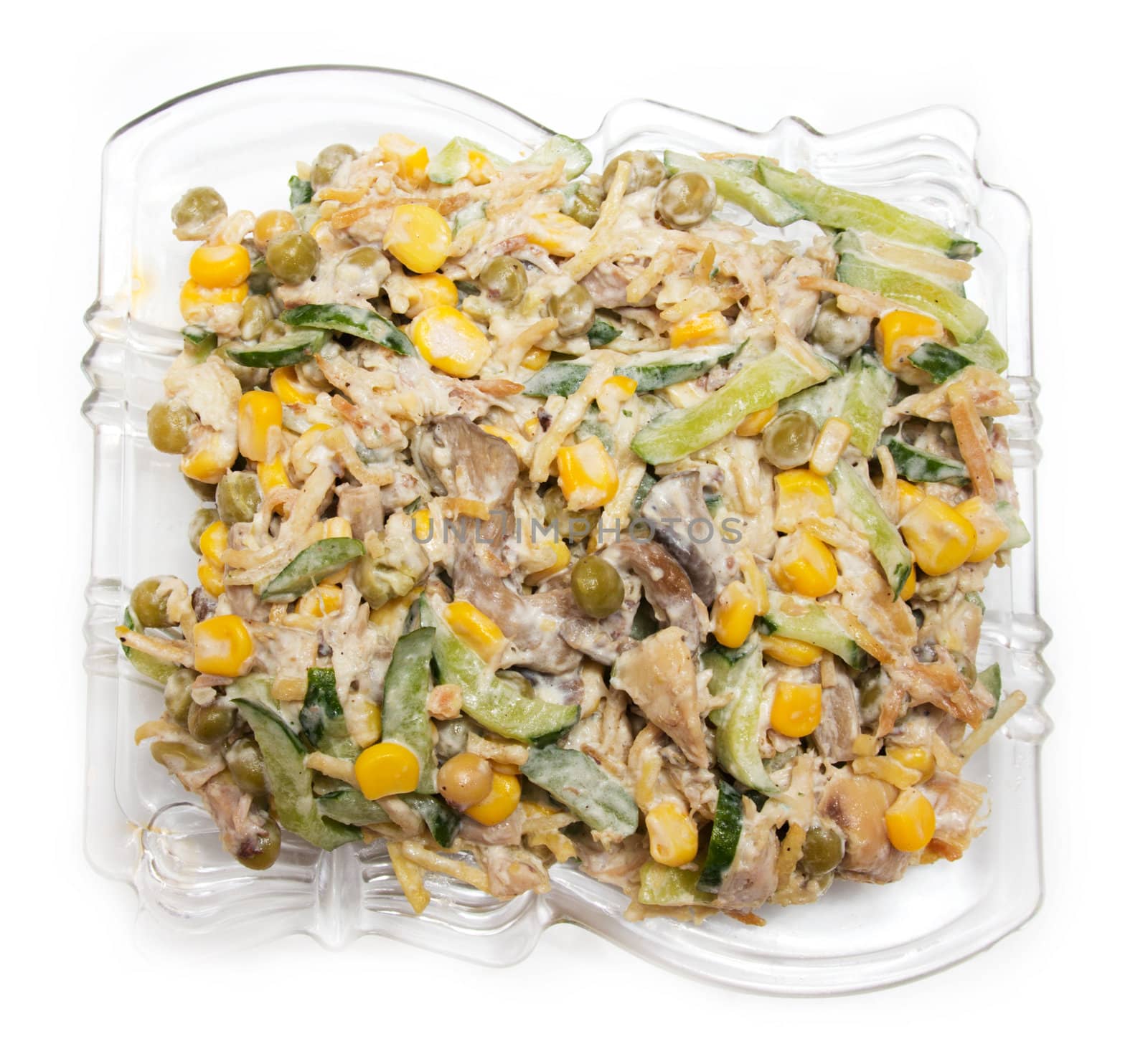 salad . cucumbers with mushrooms and corn