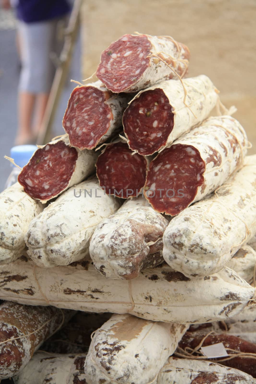 Traditional made sausages on a French market in the Provence