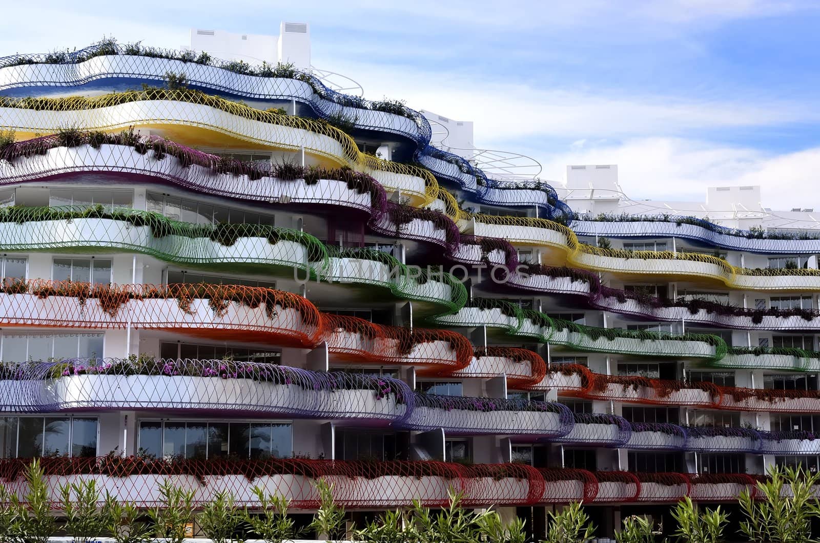 New building of modern construction and colorful  in the city of Ibiza