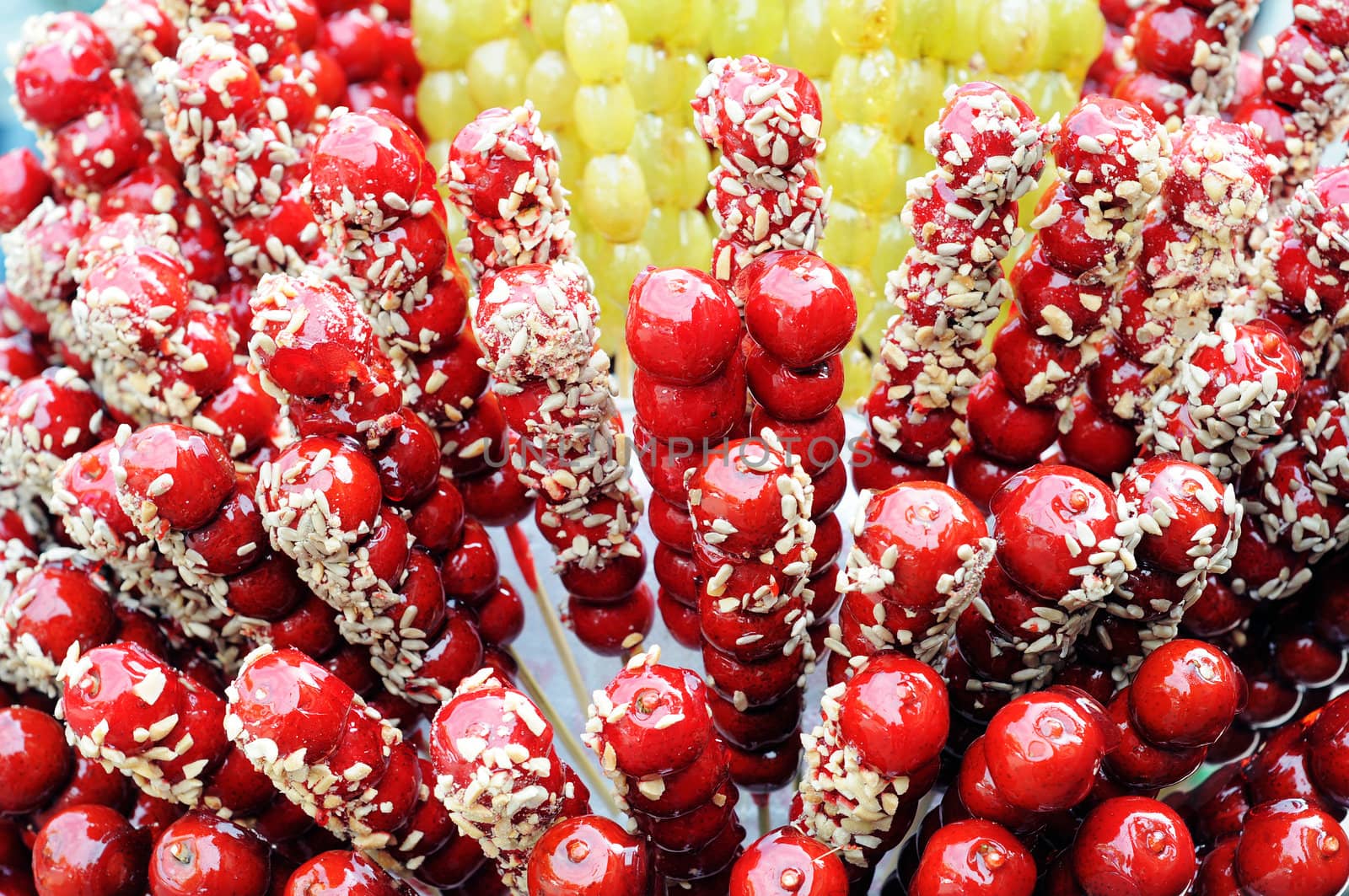 Traditional Chinese food,sugar-coated haws on a stick.