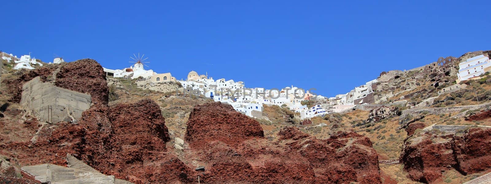 Panoramic view of Oia village on the cliff at Santorini, Greece