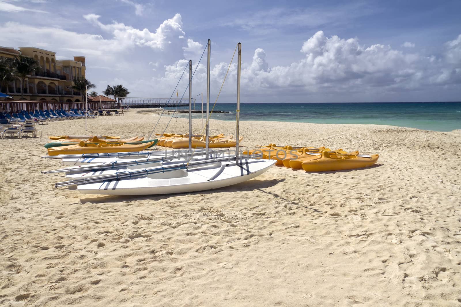 A group of personal sail boats on the beach by the ocean