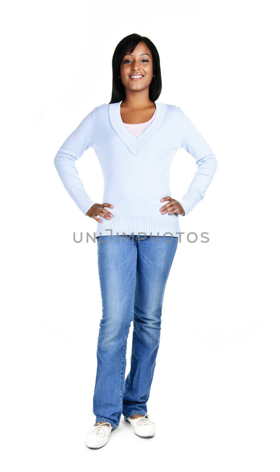 Confident black woman standing isolated on white background