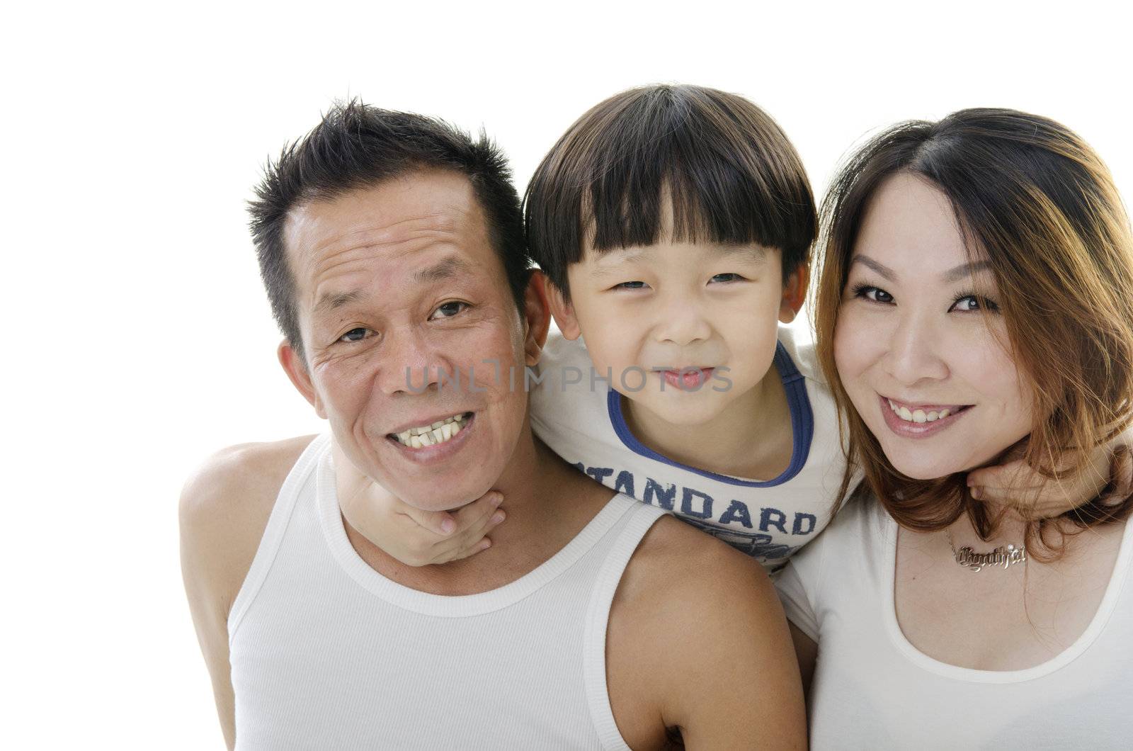 Close up Asian family on white background