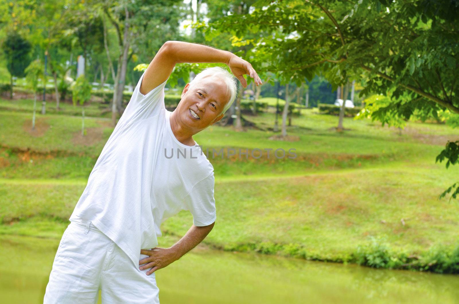 Retired Asian senior man exercising in park
