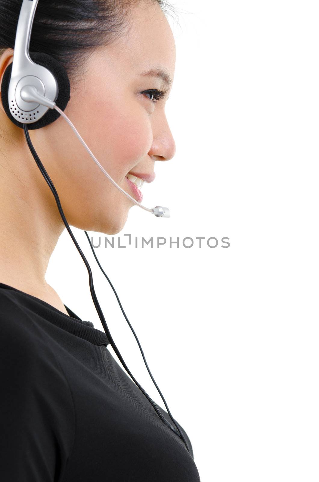Side view of friendly customer representative isolated on white background