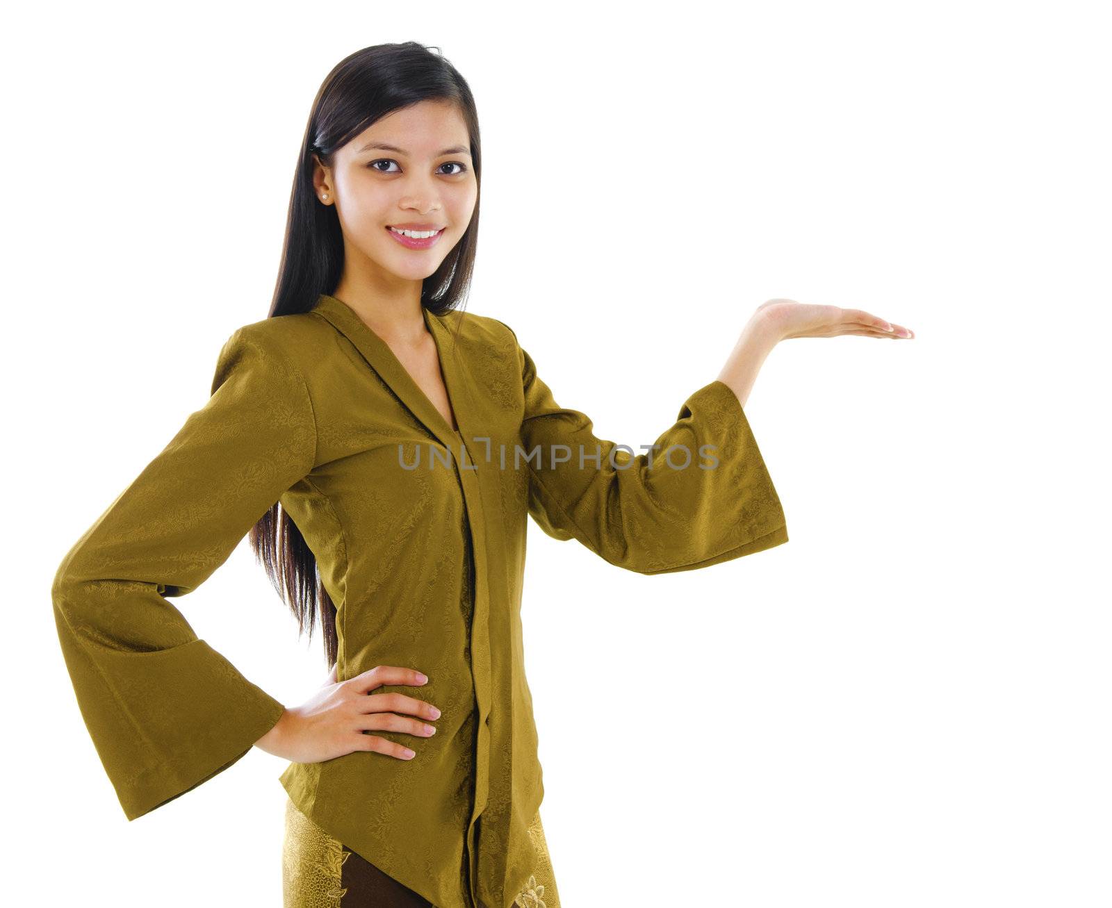 Mixed race Asian showing her empty palm on white background