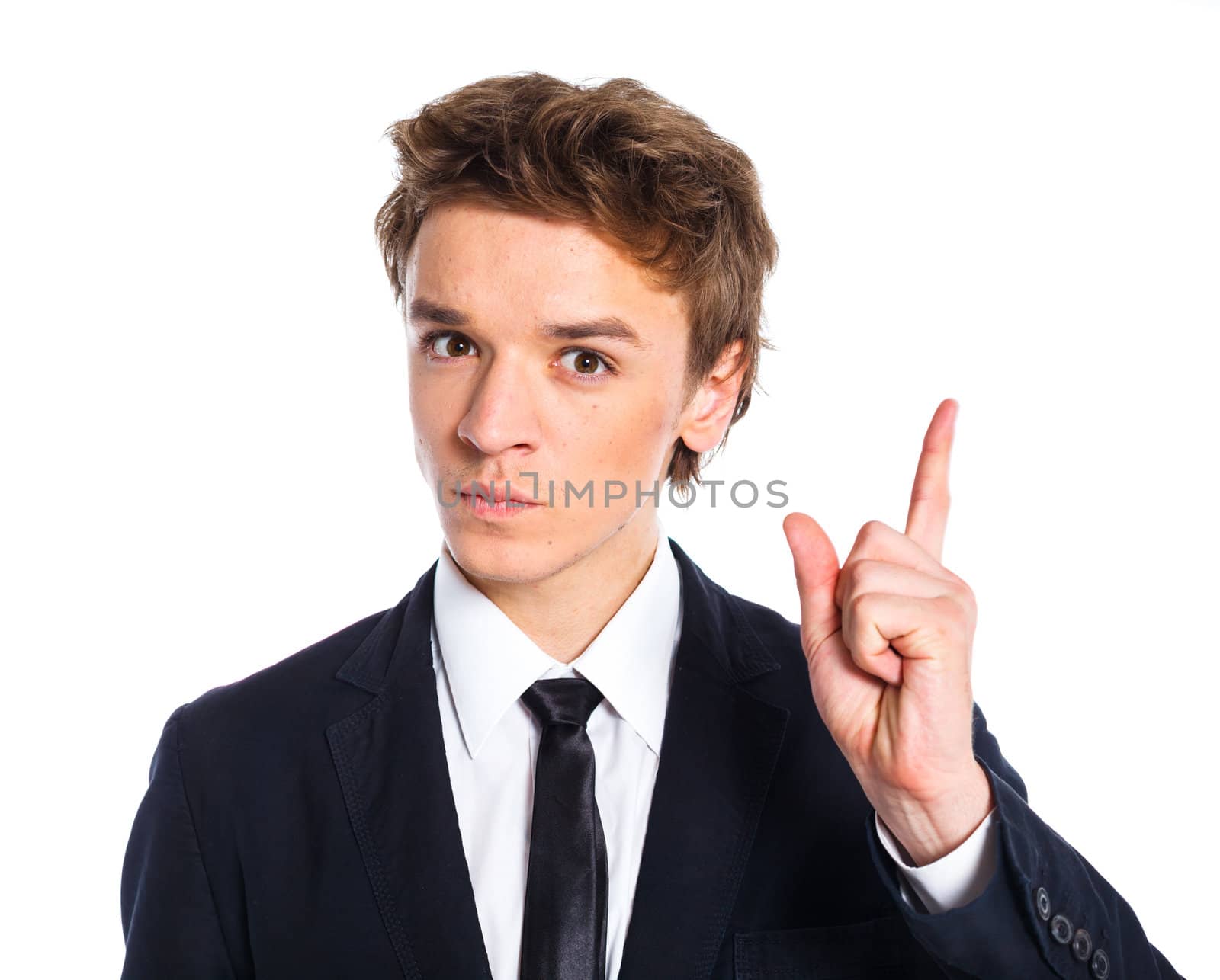 Portrait of a teenage boy in a business suit. Isolated on white background.