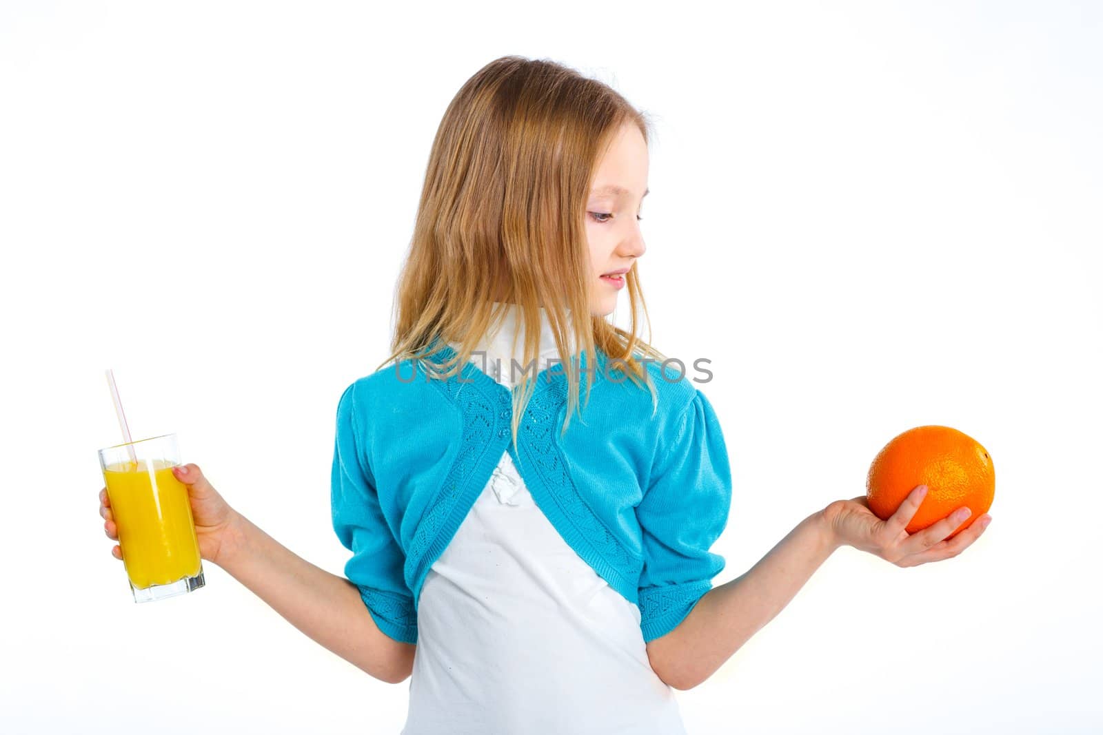 Portrait of cute little girl with orange and juice. Isolated on a white background
