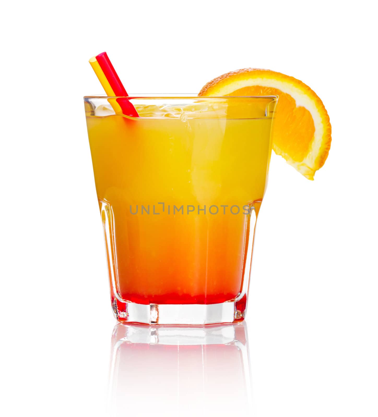 Orange alcohol cocktail with orange fruit slice isolated on white background