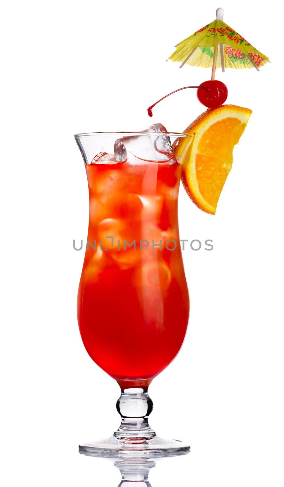 Red alcohol cocktail in with orange slice isolated by alphacell