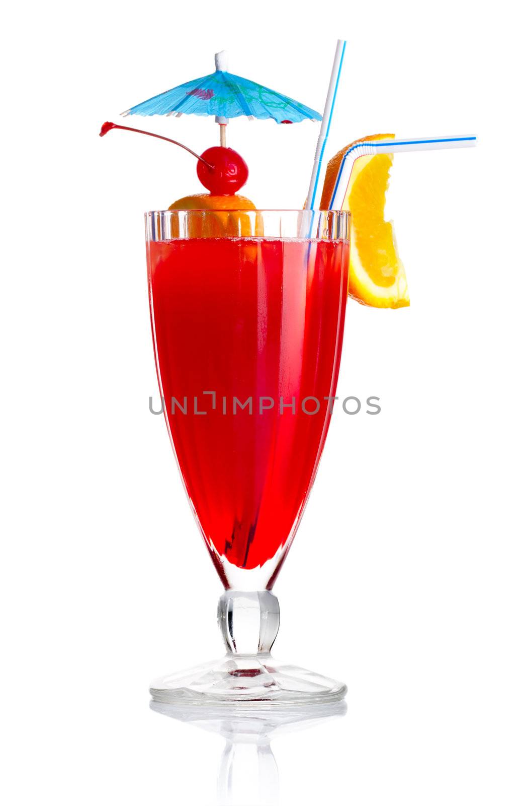 Red alcohol cocktail with orange slice and umbrella isolated on white background