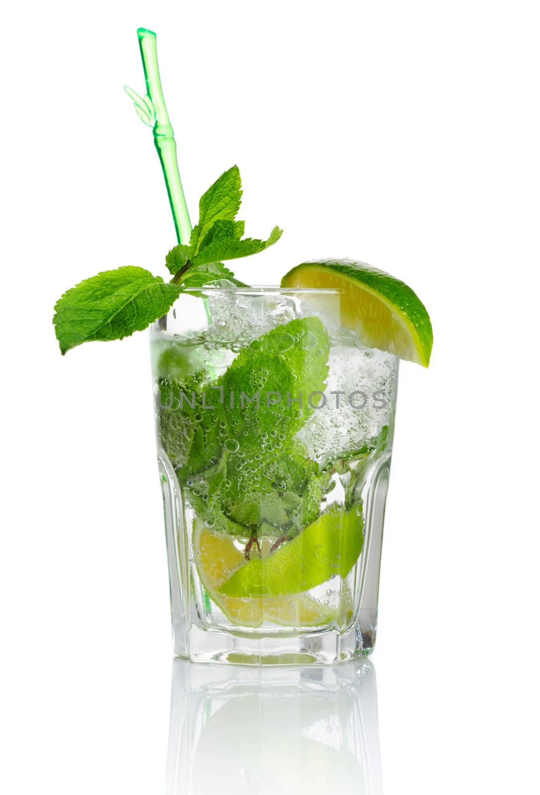 Alcohol mojito cocktail with fresh mint isolated on white background