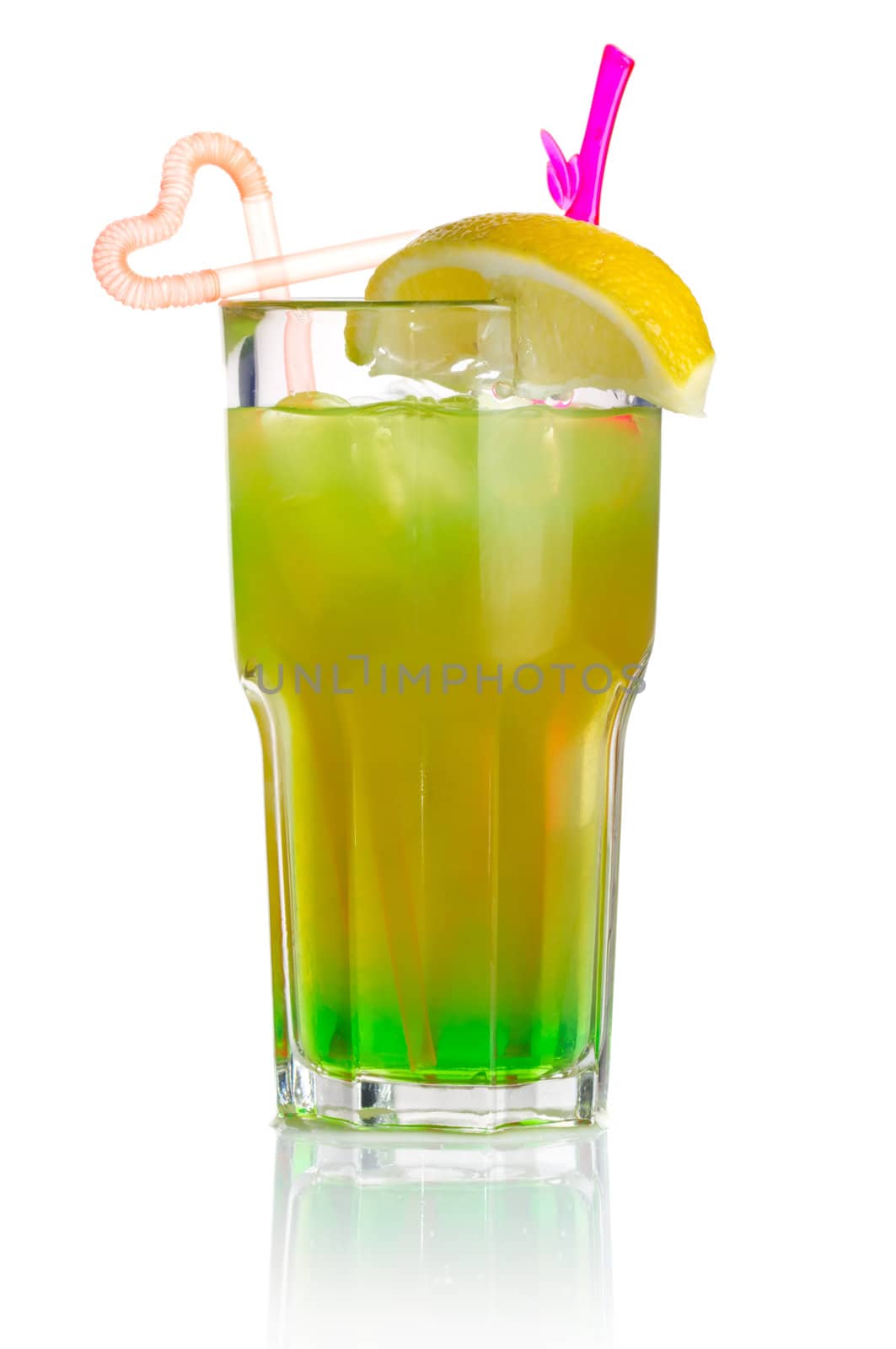 Green alcohol cocktail with lemon slice isolated on white by alphacell