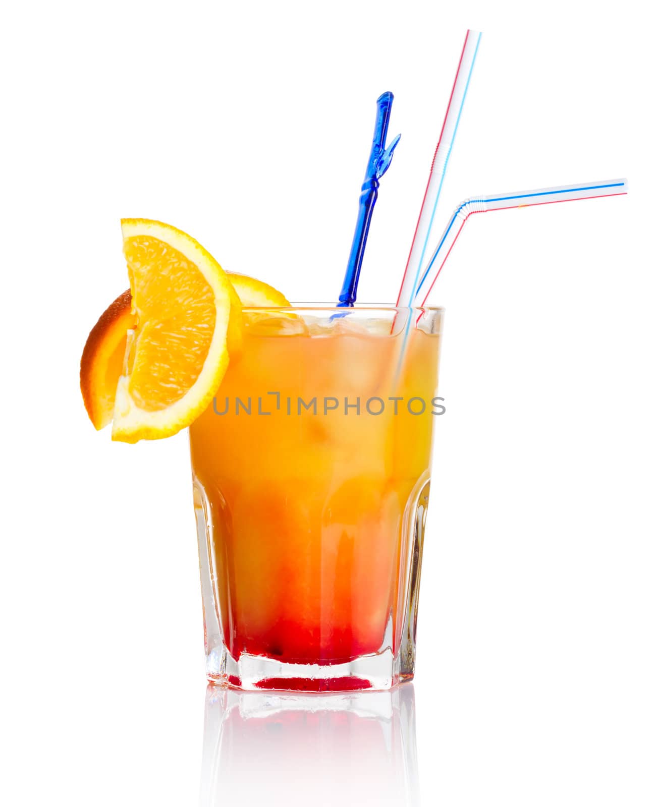 Red alcohol cocktail with orange slice isolated on white background