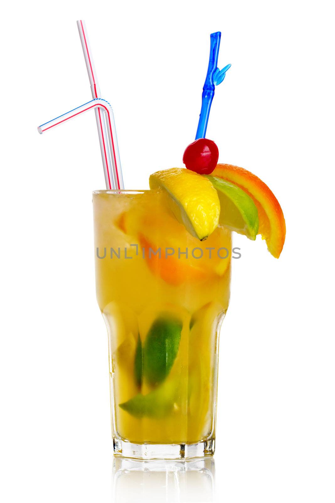 Yellow alcohol cocktail with fruit slices isolated on white background