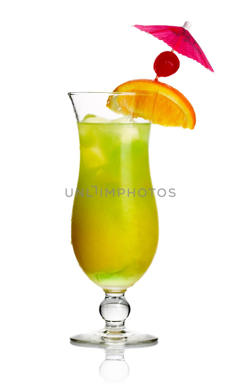 Yellow alcohol cocktail with orange slice and cherry isolated on white background