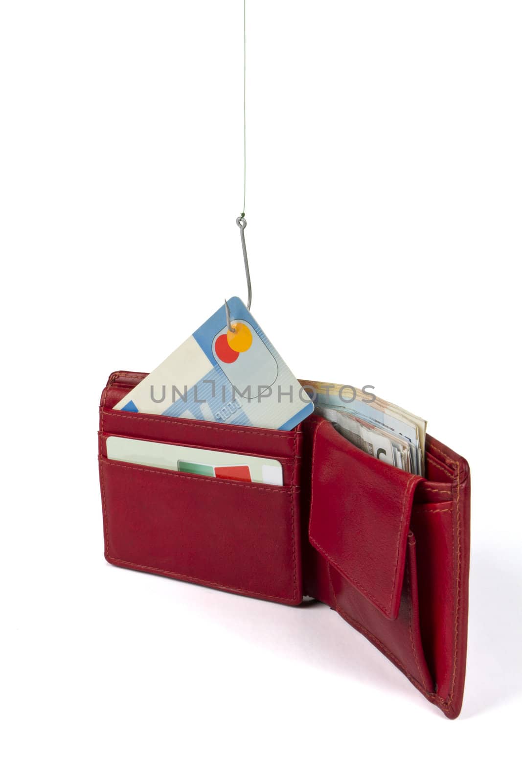 stealing credit card out of wallet -  isolated on white background