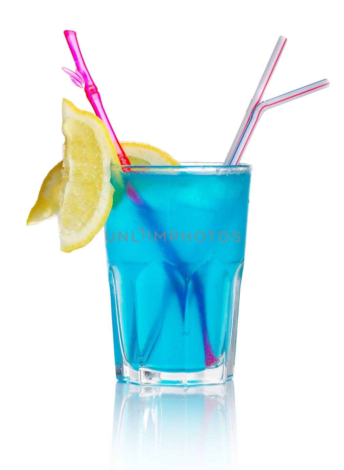 Blue alcohol cocktail with lemon slice isolated on white by alphacell