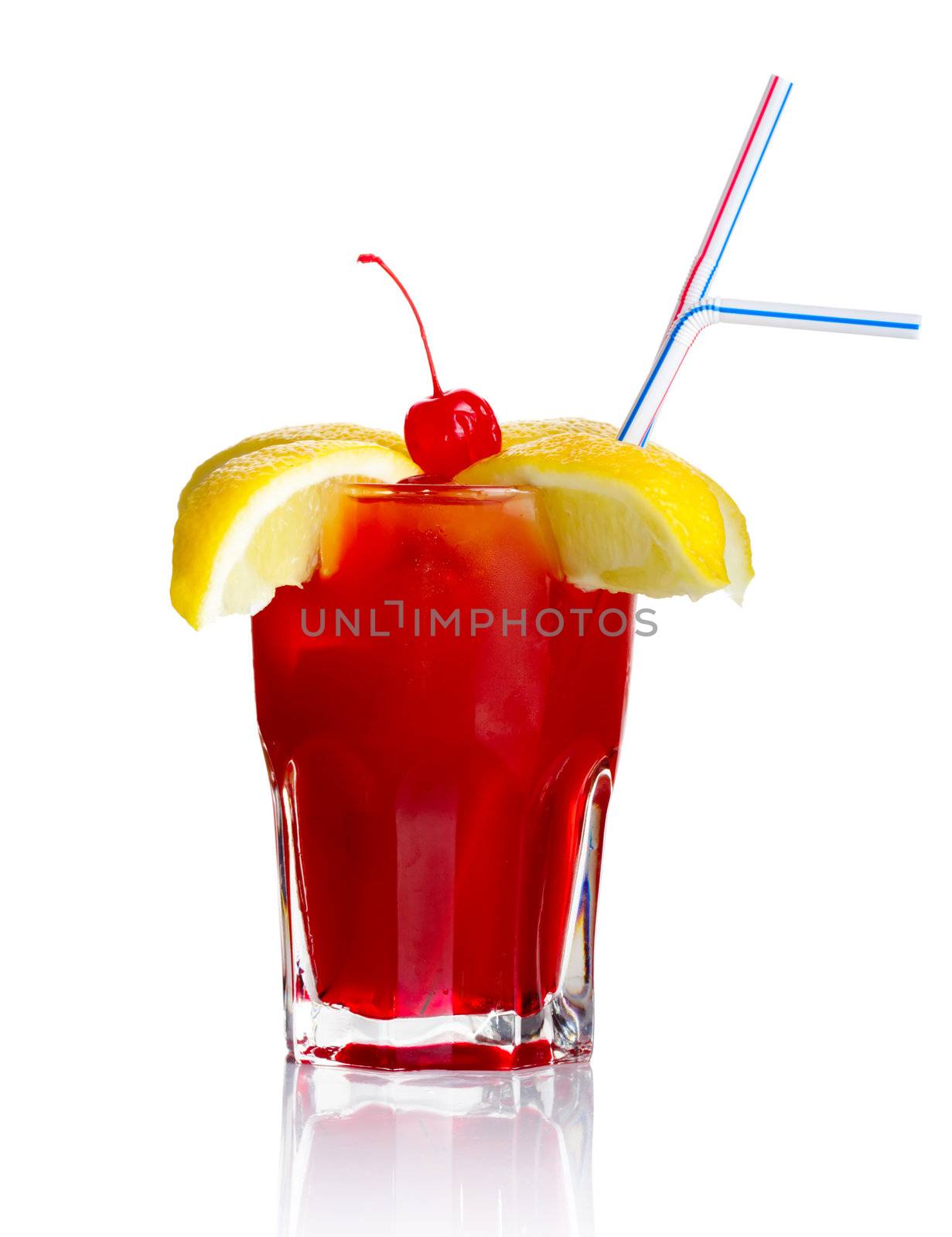 Red alcohol cocktail with lemon slices and cherry isolated on white background