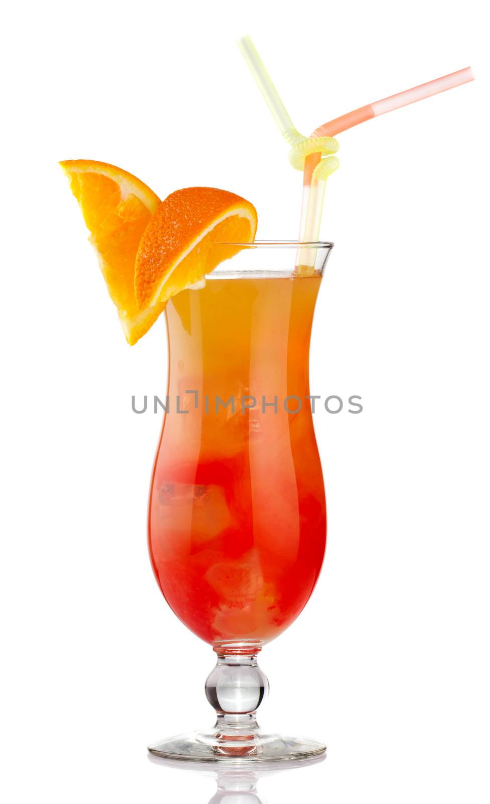 Orange alcohol cocktail with fruit slices isolated on white 