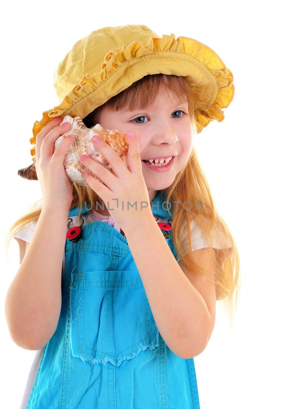 Nice smiling girl with sea shell in her hands on white background