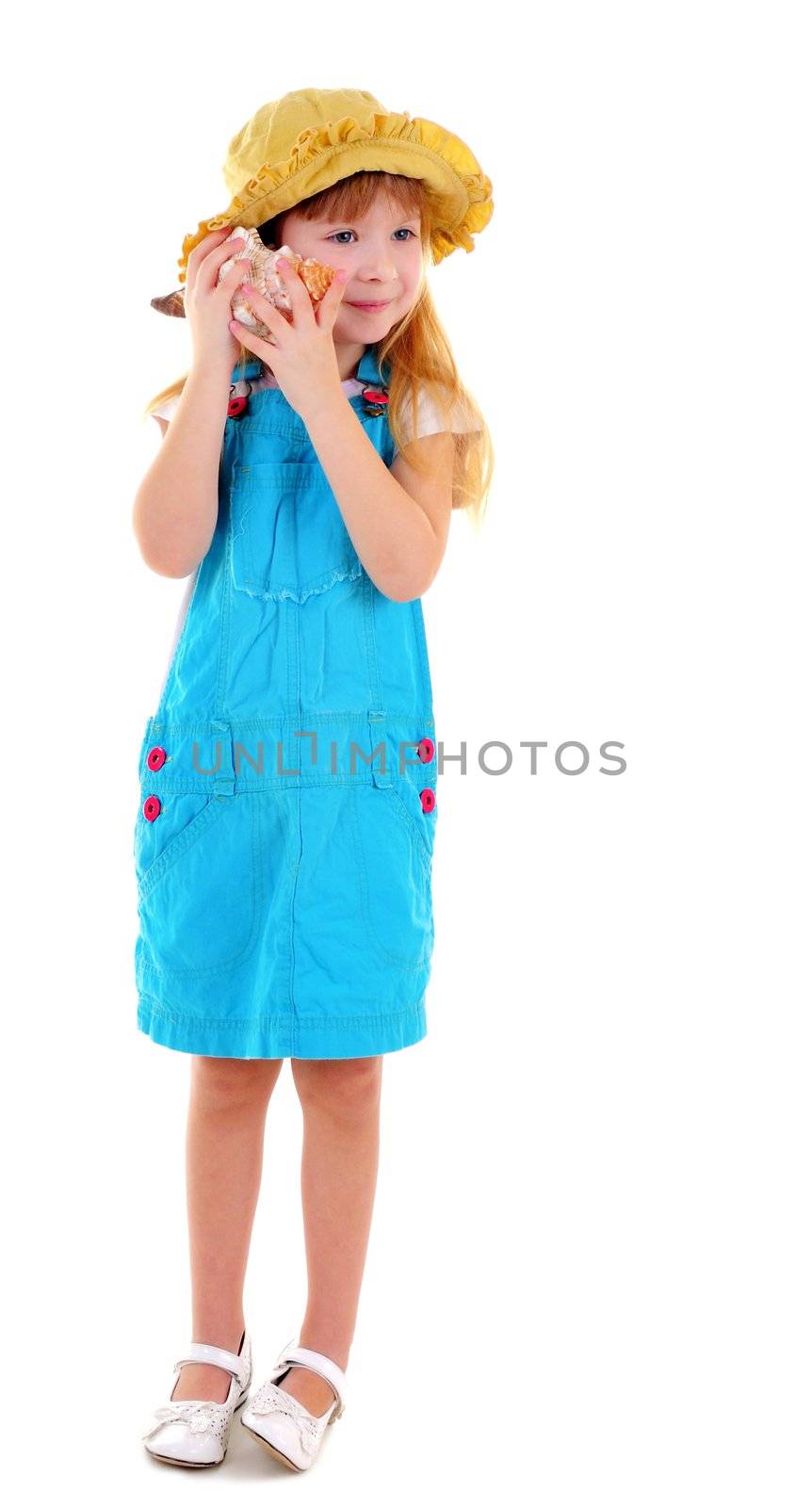 Nice smiling girl with sea shell in her hands on white background