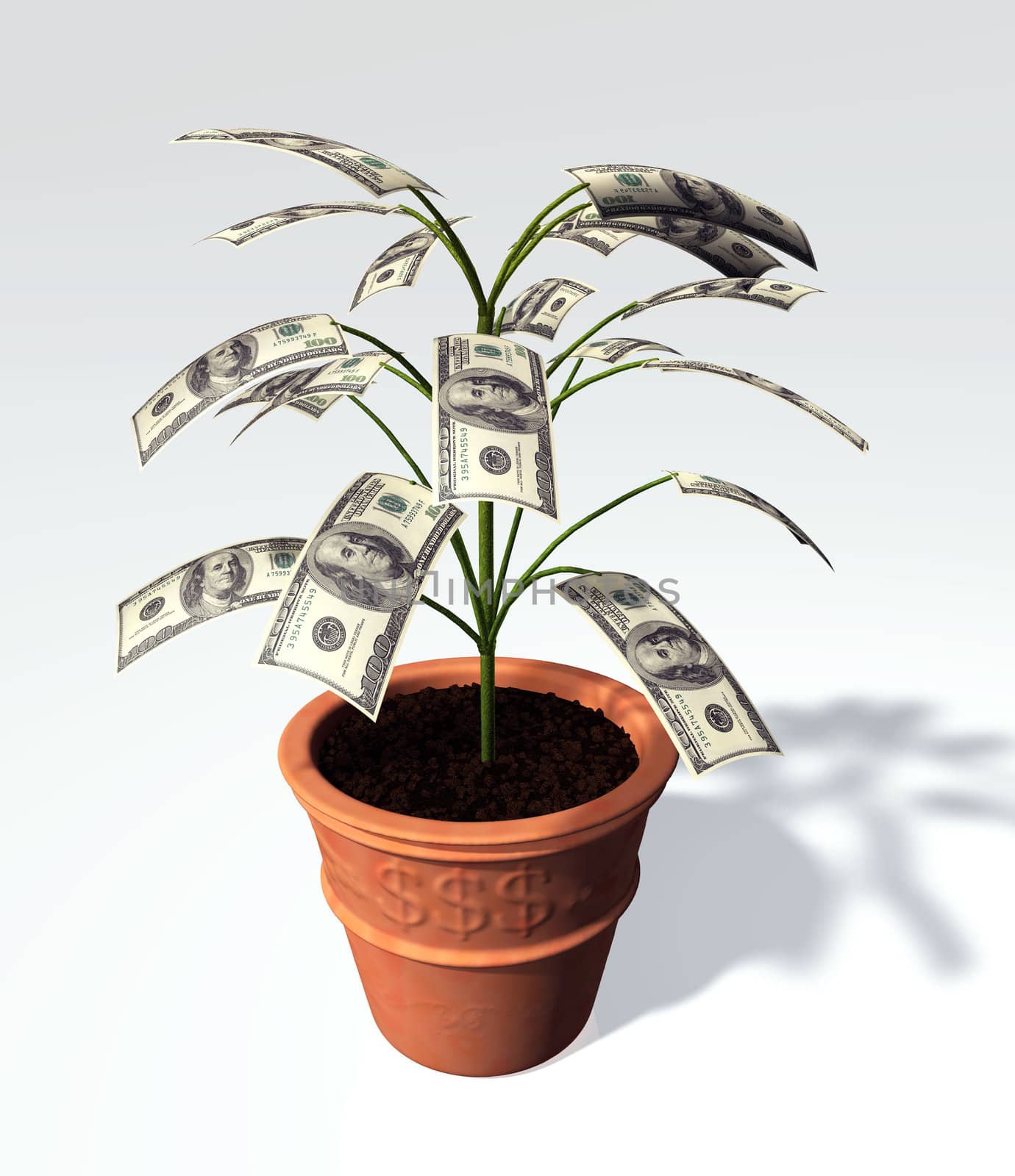 A small tree with one hundred dollars banknote instead of leaves, is planted in a earthenware vase with a symbol of the dollar