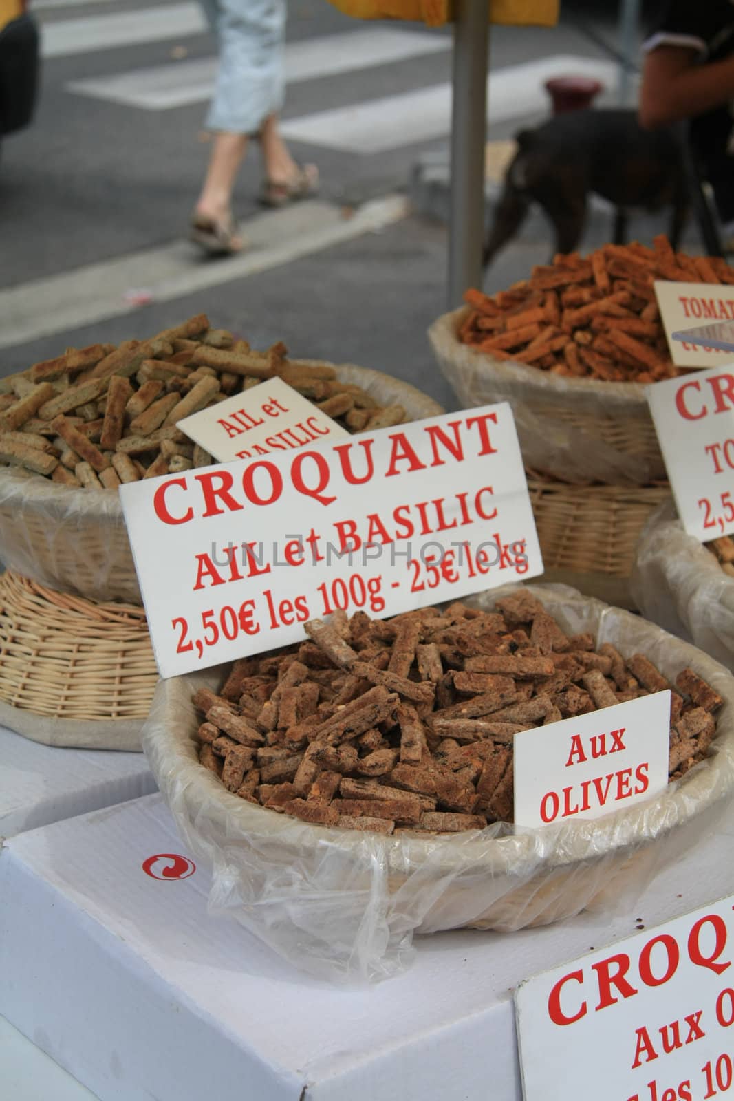 Local biscuits with garlic and basil on a french market in the Provence