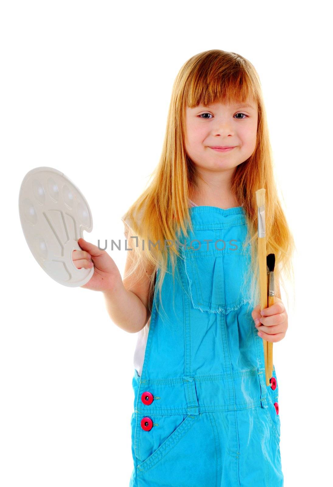 Small girl with brushes and palette on white background