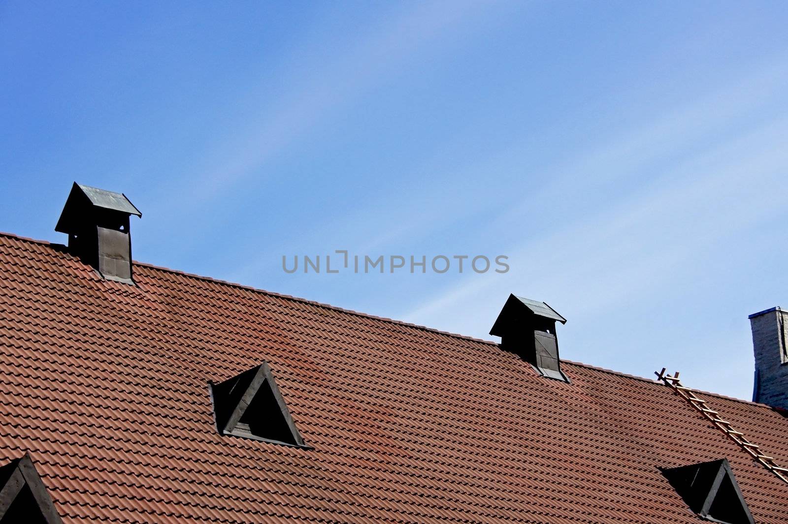 Pipe of ventilation and windows on a roof of tiles