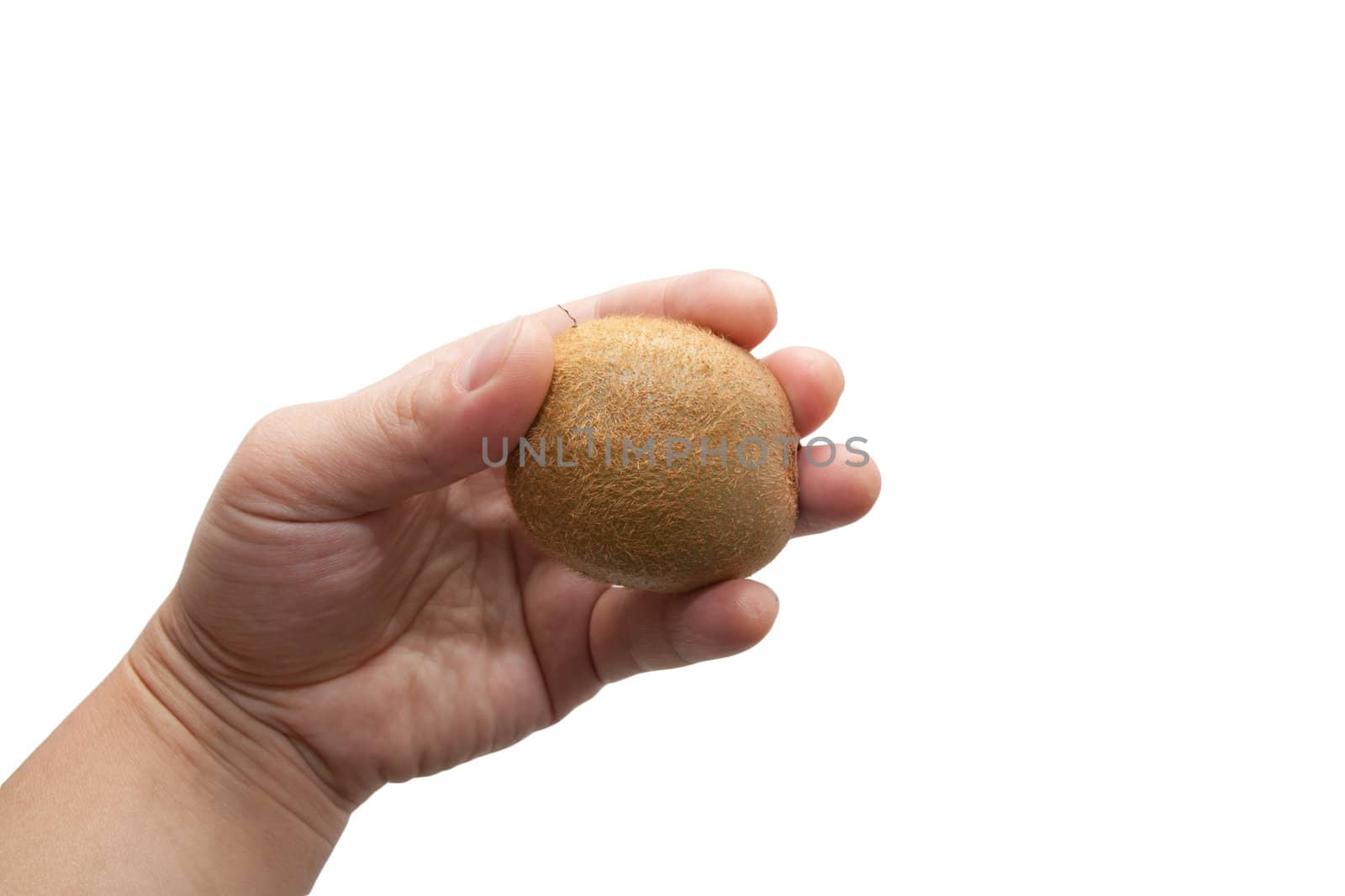 kiwi fruit in his hand on a white background