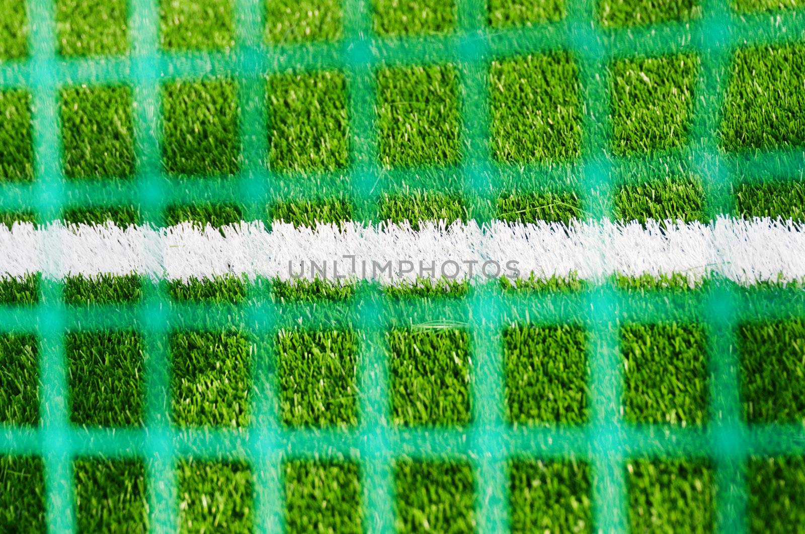 White line on football field with blurried mesh on foreground