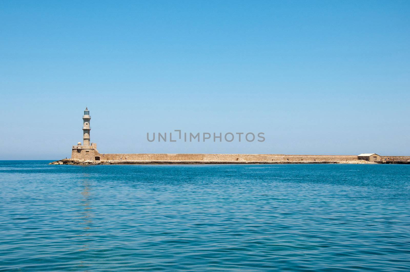lighthouse on sea  foreground. Chania, Greece, island of Crete
