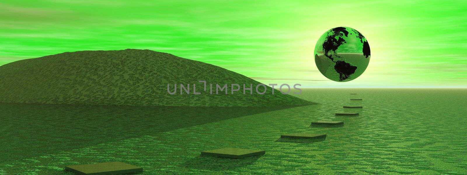 Steps to the earth which is in front of the sun in a green background