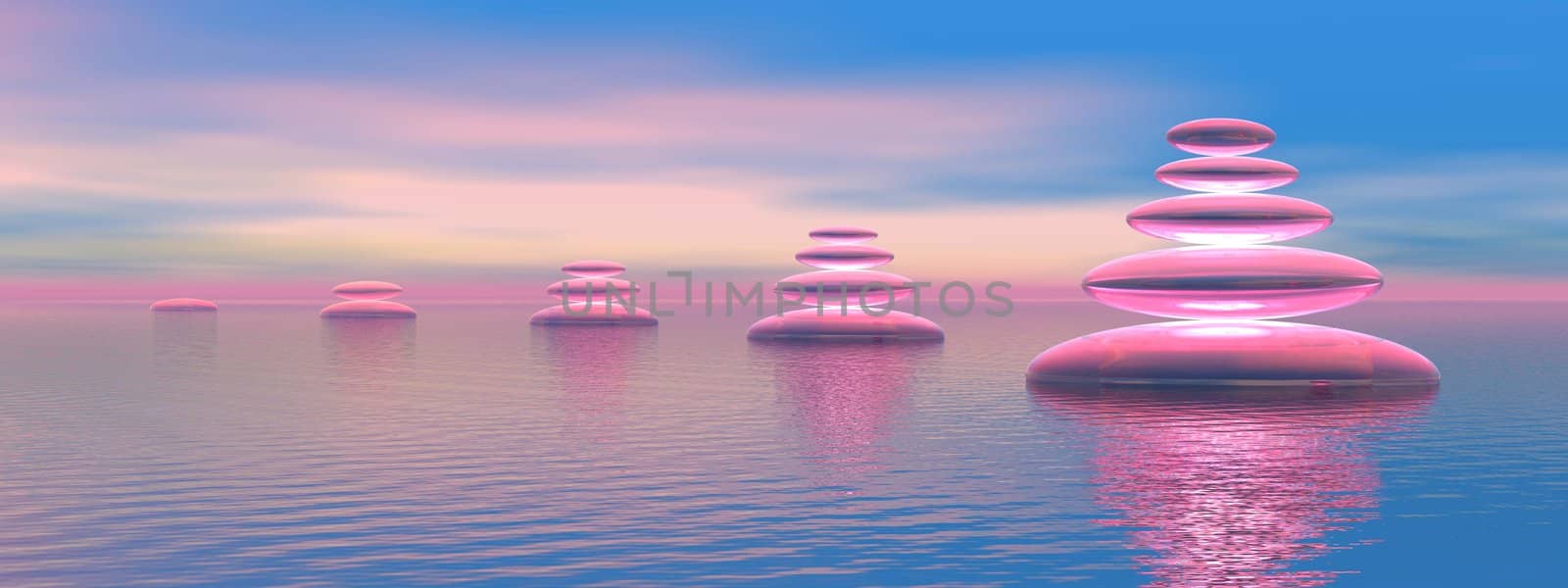 Growing balanced stones upon the ocean in blue and pink background
