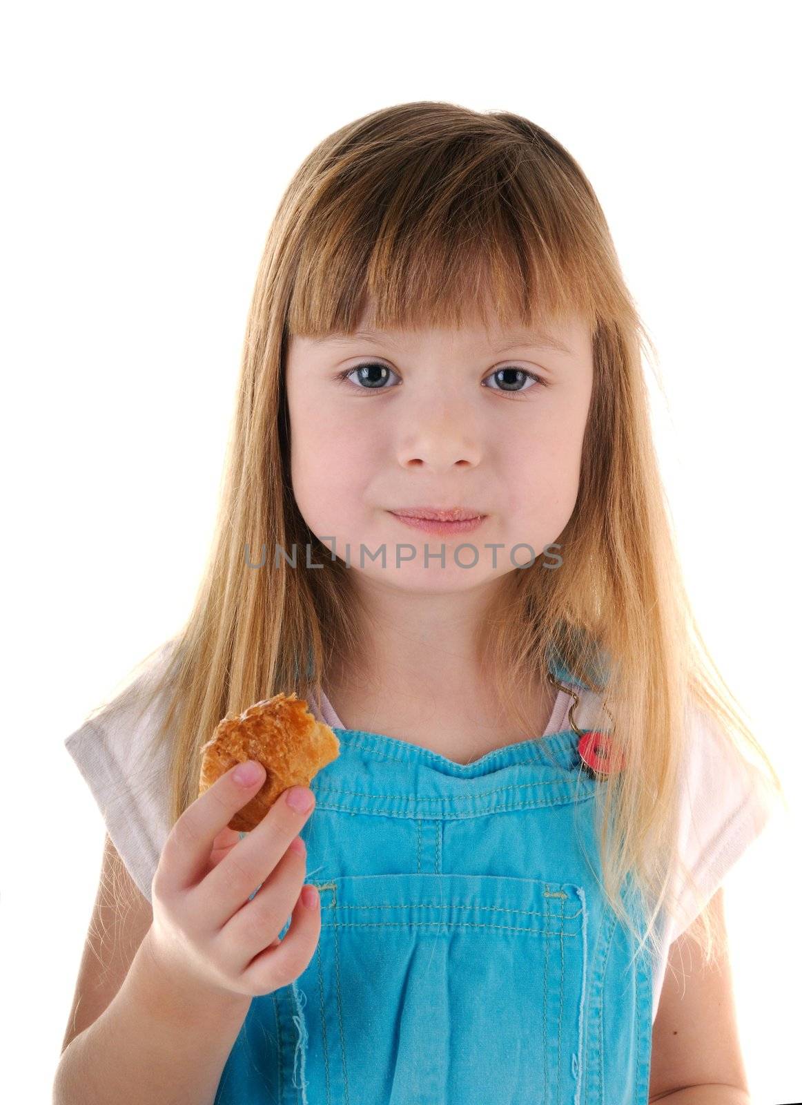 Small beauty eating pie girl on white background