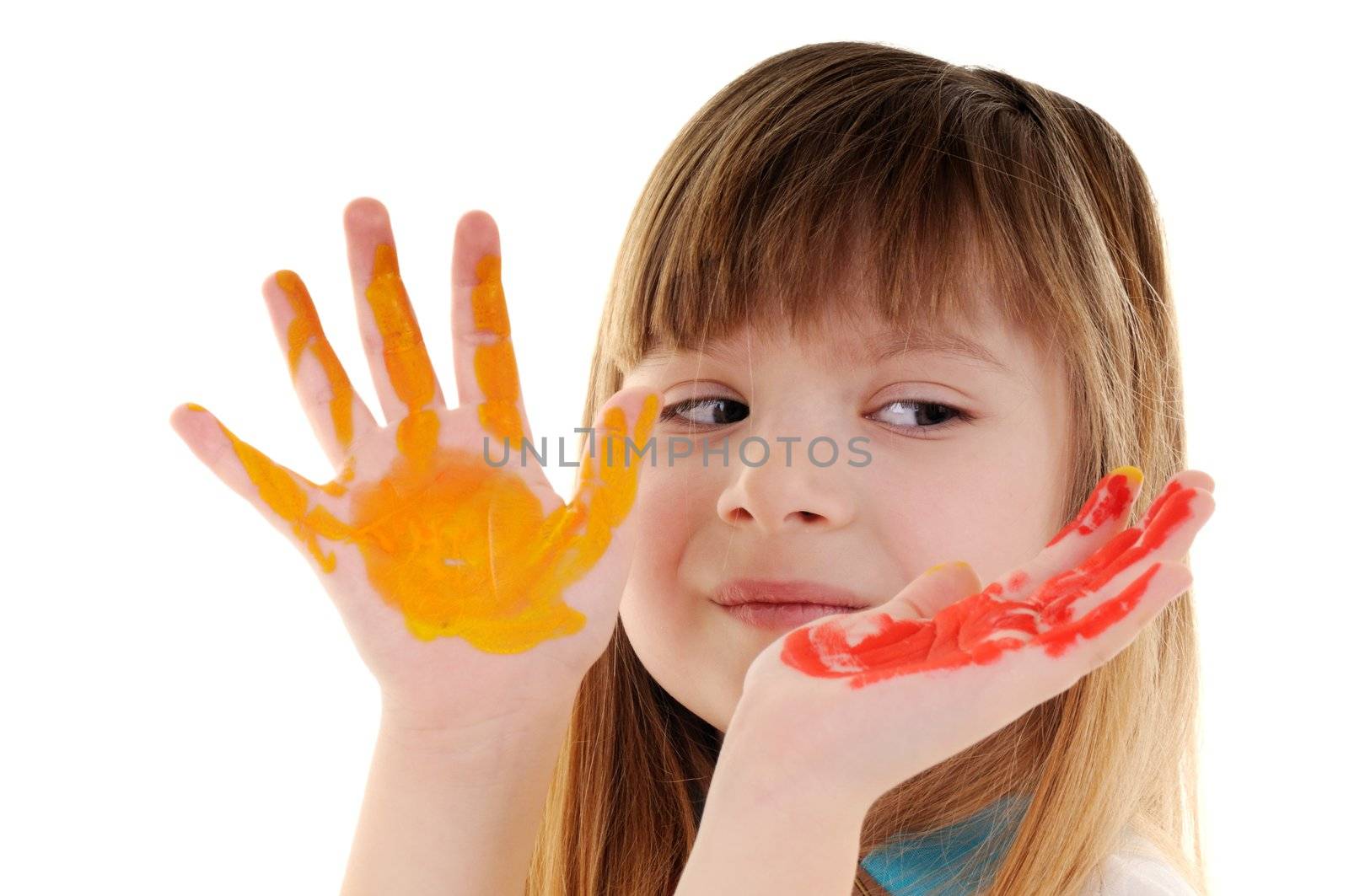 Small playful beauty girl with many-coloured hands on white background